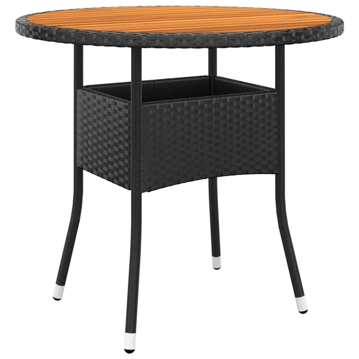 vidaXL Garten-Essgruppe, 5-teilig, schwarzes Poly Rattan, runder Tisch mit Akazienholzplatte.