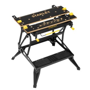 STANLEY Workmate Deluxe Werkbank, schwarz-gelb, mit Bambus-Arbeitsplatte und Stahlrahmen, klappbar.