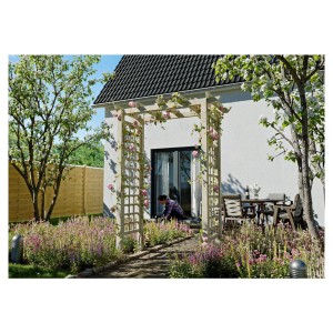 Grüne Eingangspergola Clematis mit Rankgitter, bewachsen mit rosa Blüten, im Garten.