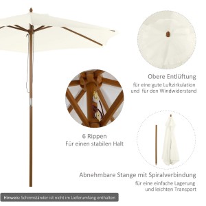 Weißer Furnicato Sonnenschirm Bambus Ø 250 cm, Details zu Windfestigkeit, Streben und teilbarer Stange.