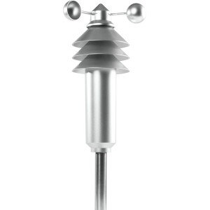 Silberner Homematic IP Wettersensor basic mit Windmesser und Sensoren auf Mast für Smart Home Hausautomation.