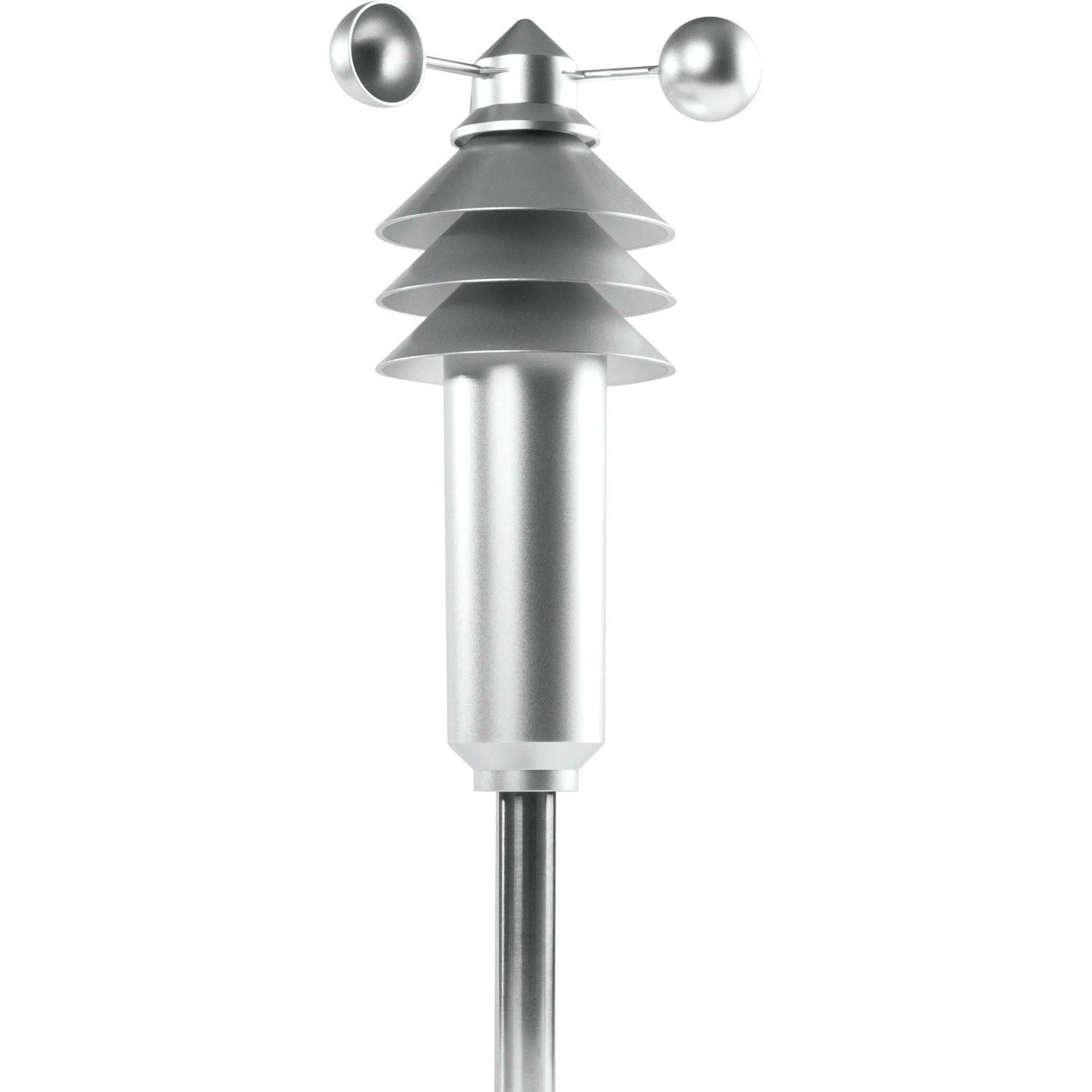 Homematic IP Wettersensor basic, silber, mit Windmesser, Temperatur- und Helligkeitssensoren auf Edelstahlmast.