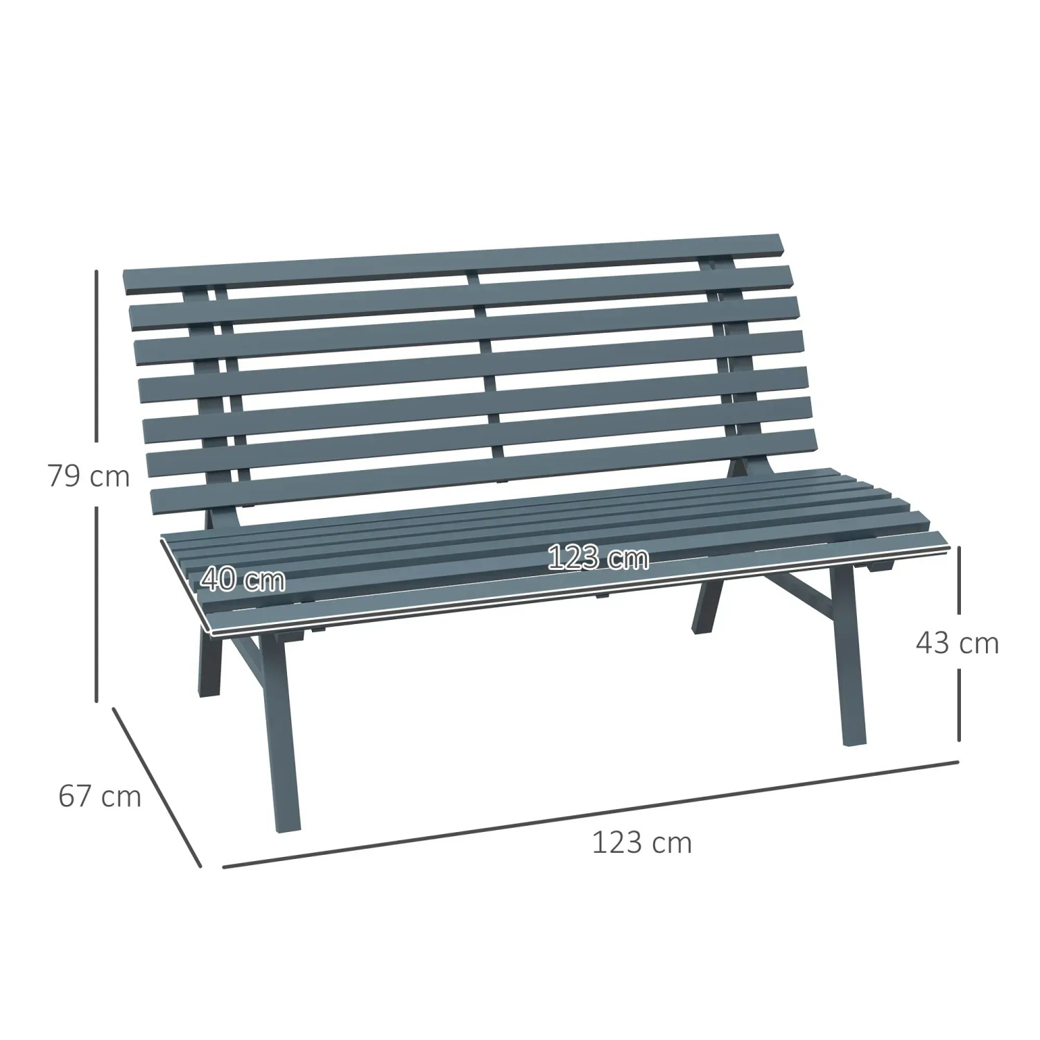 Blaue Outsunny Gartenbank aus Aluminium mit Maßangaben, 2-Sitzer Bank für den Garten.