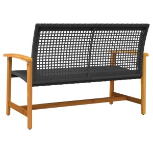 Schwarze VidaXL Gartenbank aus Poly Rattan und Akazienholz, 112 cm breit.