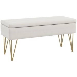 Cremefarbene Polsterbank mit Stauraum in Leinenoptik und goldenen Haarnadelbeinen. Eleganter Hocker.