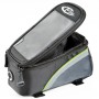 Offene, graue Tectake Fahrradtasche mit Rahmenbefestigung und transparentem Handyfach.