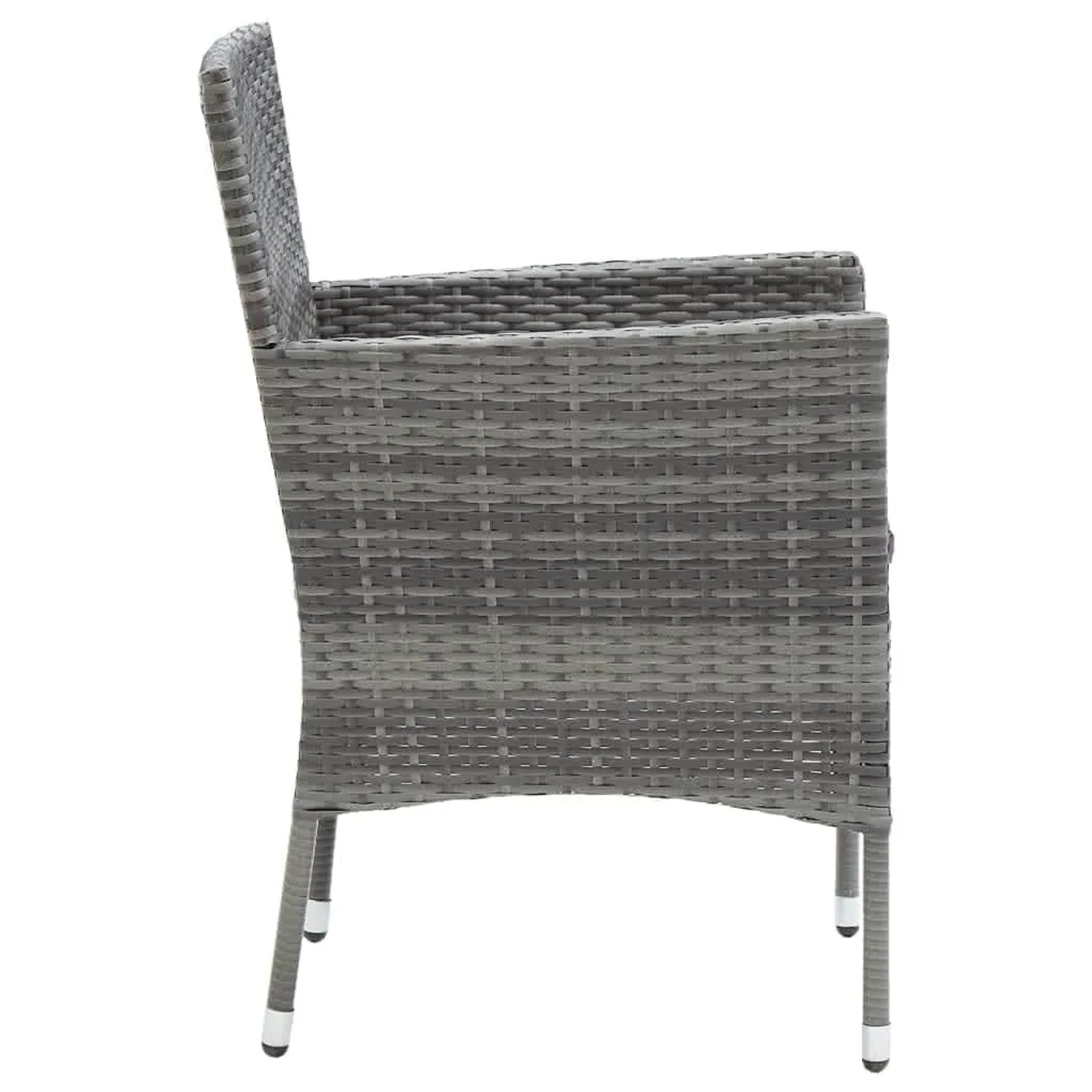 Grauer Rattan Gartenstuhl der vidaXL 5-tlg Essgruppe, Seitenansicht.