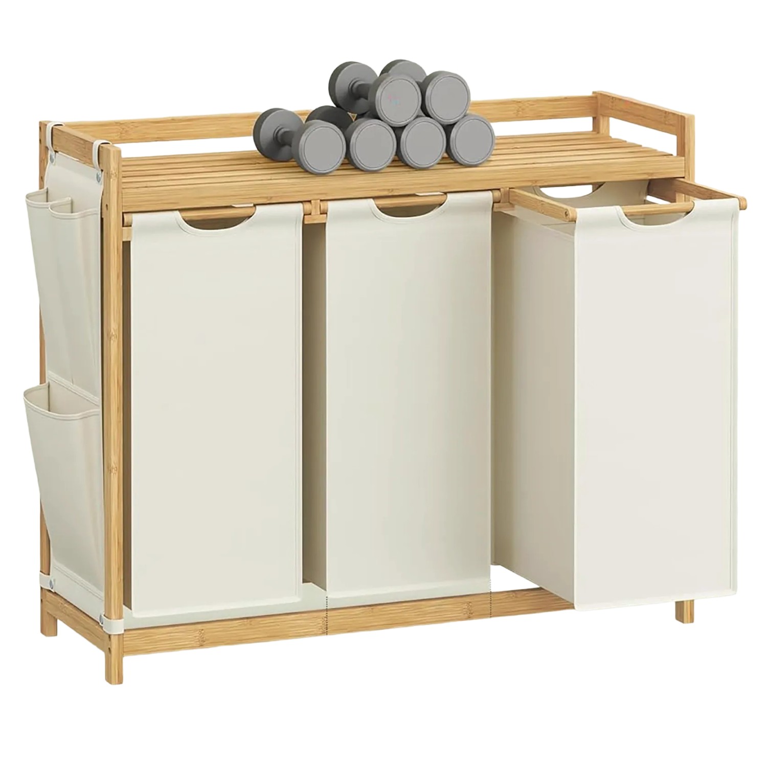 Songmics Wäschesammler Rocki 3 Fächer 1 Ablage 150 l Eiche-Weiß