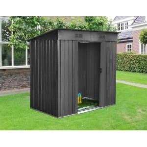 Floraworld Metall-Gerätehaus, anthrazit, 2 m², mit offener Tür im Garten.