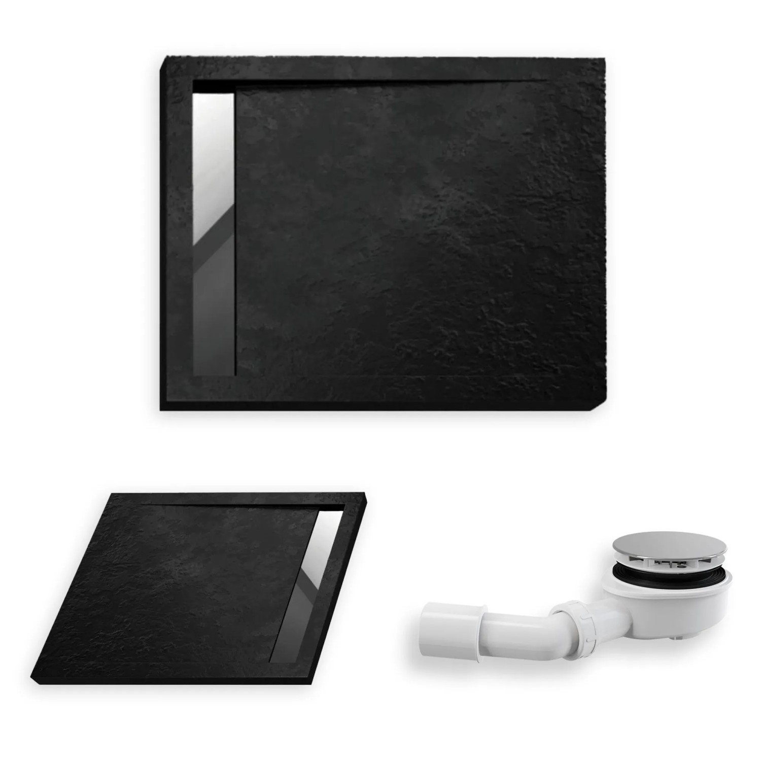 KOLMAN DUSCHWANNE Rechteckig Schwarz Steinoptik 110x90 cm Set mit Ablaufgarnitur