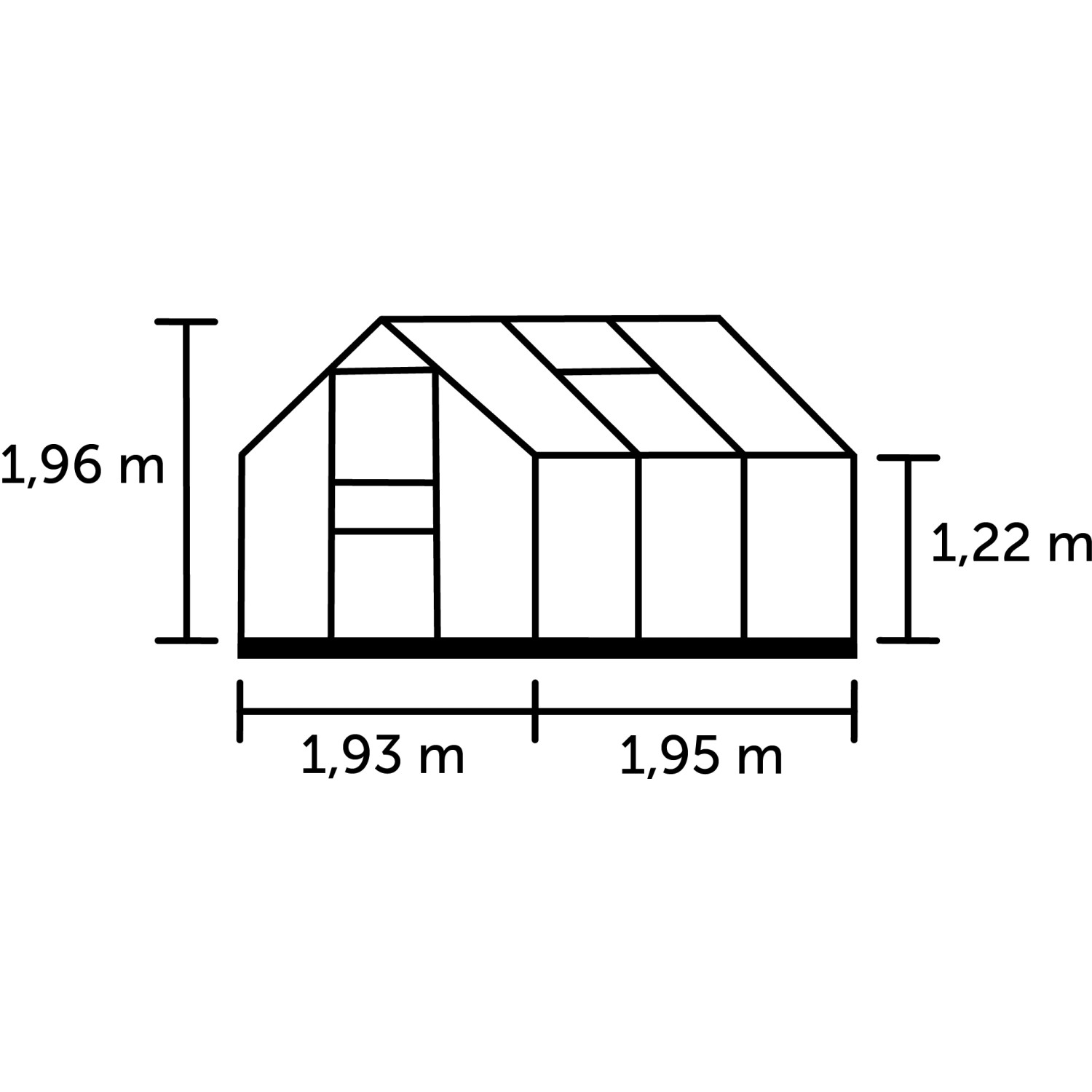 Skizze Halls Gewächshaus Popular 66 Alu mit Maßangaben zu Höhe, Breite und Tiefe.