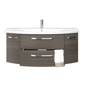 Pelipal Waschtisch Serie 4010, 120,5 cm, Graphit Struktur quer mit Waschbecken und Handtuch.