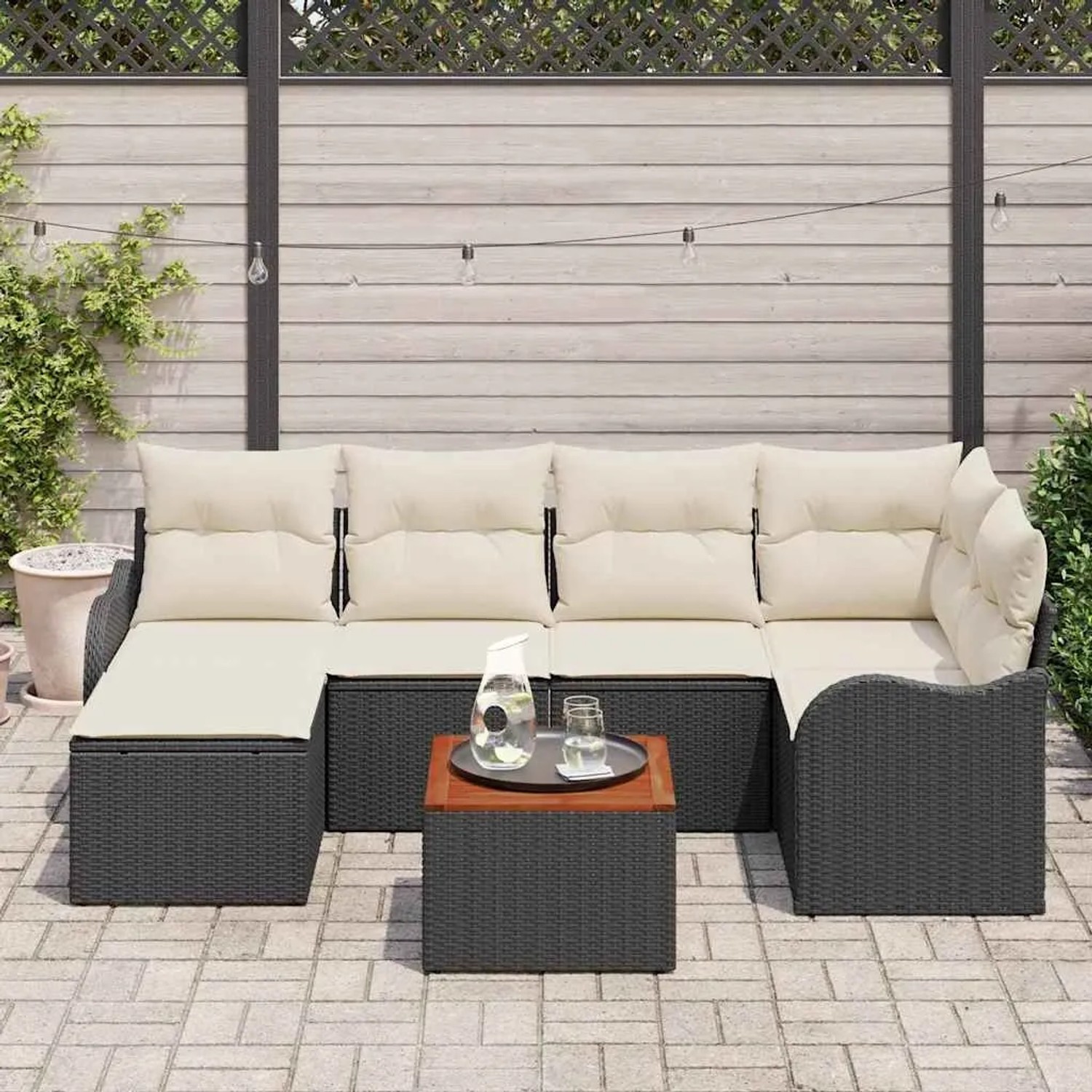 vidaXL Gartenmöbel-Set, 7-teilig, schwarz-weiß, mit Sofa, Sesseln und Tisch für Terrasse oder Garten.