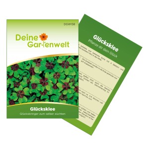 Deine Gartenwelt Glücksklee Zwiebeln Samen Packung mit grünen vierblättrigen Kleeblättern.