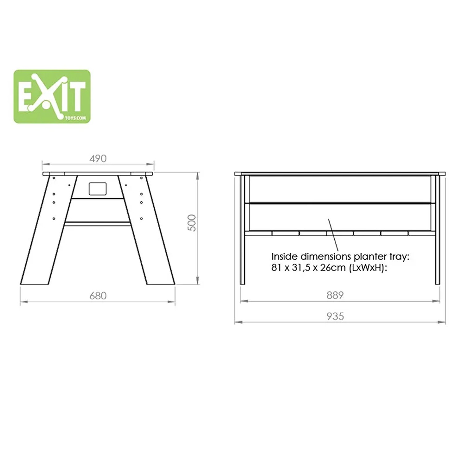 Technische Zeichnung des EXIT Aksent Hochbeet L aus Holz mit Maßangaben.