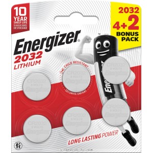 Energizer Lithium Knopfzelle CR2032, 6er Pack. Knopfzellen für Geräte, zuverlässige Energie.
