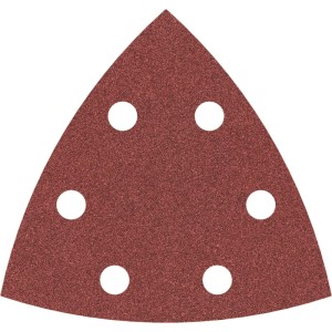 Rotes Bosch Delta-Schleifblatt F460 Körnung 120 mit 6 Löchern für Holz und Lack, aus 5er-Pack.