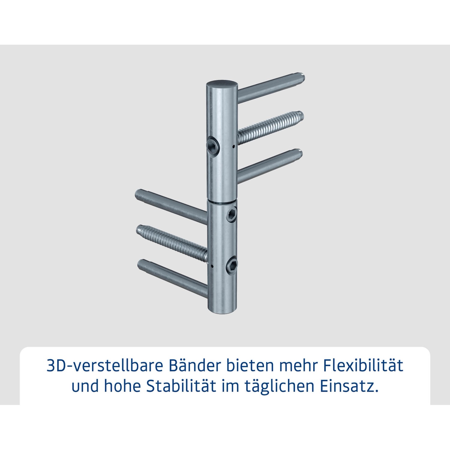 Detailaufnahme der 3D-verstellbaren Bänder einer EcoStar Haustür. Silberfarbenes Metall.