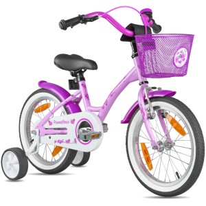 Violettes PROMETHEUS Kinderfahrrad 16 Zoll mit Stützrädern und Korb.