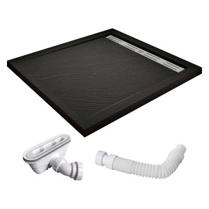 Quadratische, schwarze AICA Duschtasse 80x80 cm mit Stein-Effekt und Ablaufgarnitur.