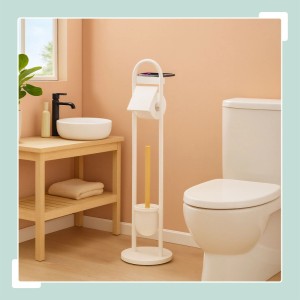 Relaxdays WC Garnitur Metall Bambus Weiß Freistehend Mit Ablage 79 cm x 21,5 cm x 21,5 cm 2,5 kg