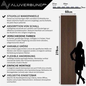 Aluverbund24 Akustik-Wandpaneel Slim 278x60cm Nussbaum Holz Akustikpaneele Wandverkleidung Dunkle Holzlamellen Wand