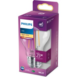 Philips LED-Lampe E27 in Glühlampenform, 2,2W, warmweiß, in lila Verpackung.