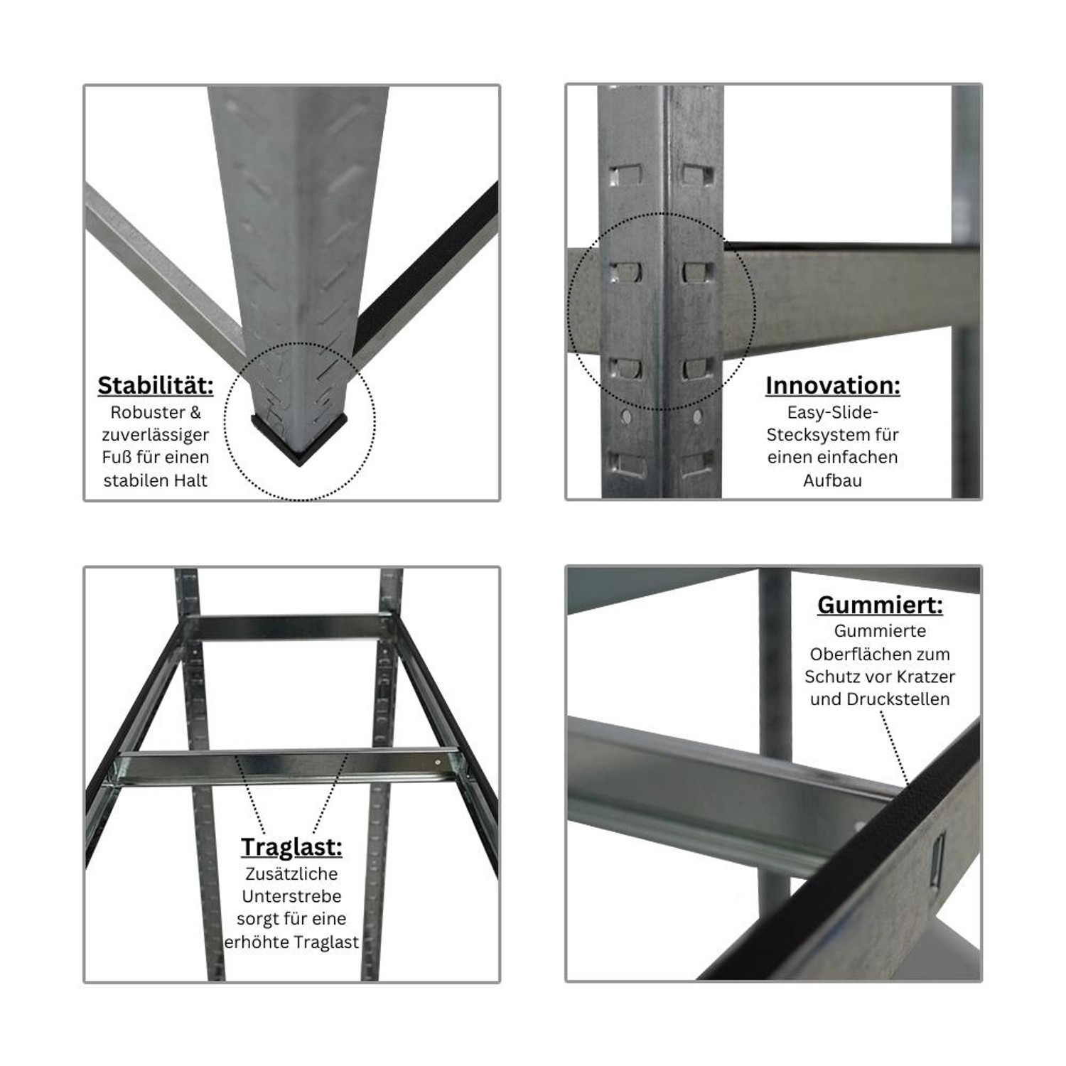 Detailansicht: PROREGAL Reifenregal RAGNAR mit Stecksystem, Gummifüßen und erhöhter Traglast.