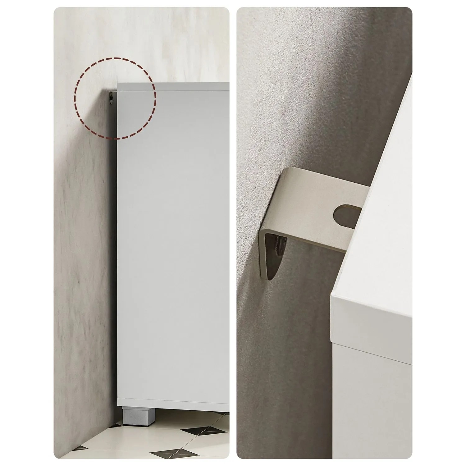 Detailansicht: Weißer Vasagle Waschbeckenunterschrank mit Kippschutz an der Wand befestigt.