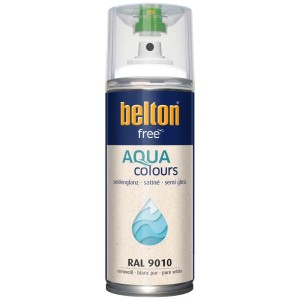 Belton Free AQUAcolours Buntlack Spray RAL 9010 Reinweiß seidenglänzend. Blaue Dose mit Wassertropfen-Symbol.