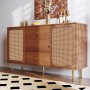 Merax Rattan Kommode Nussbaum mit 3 Schubladen, Türen mit Rattan-Geflecht und goldfarbenen Griffen. Vintage Wohnzimmerschrank.