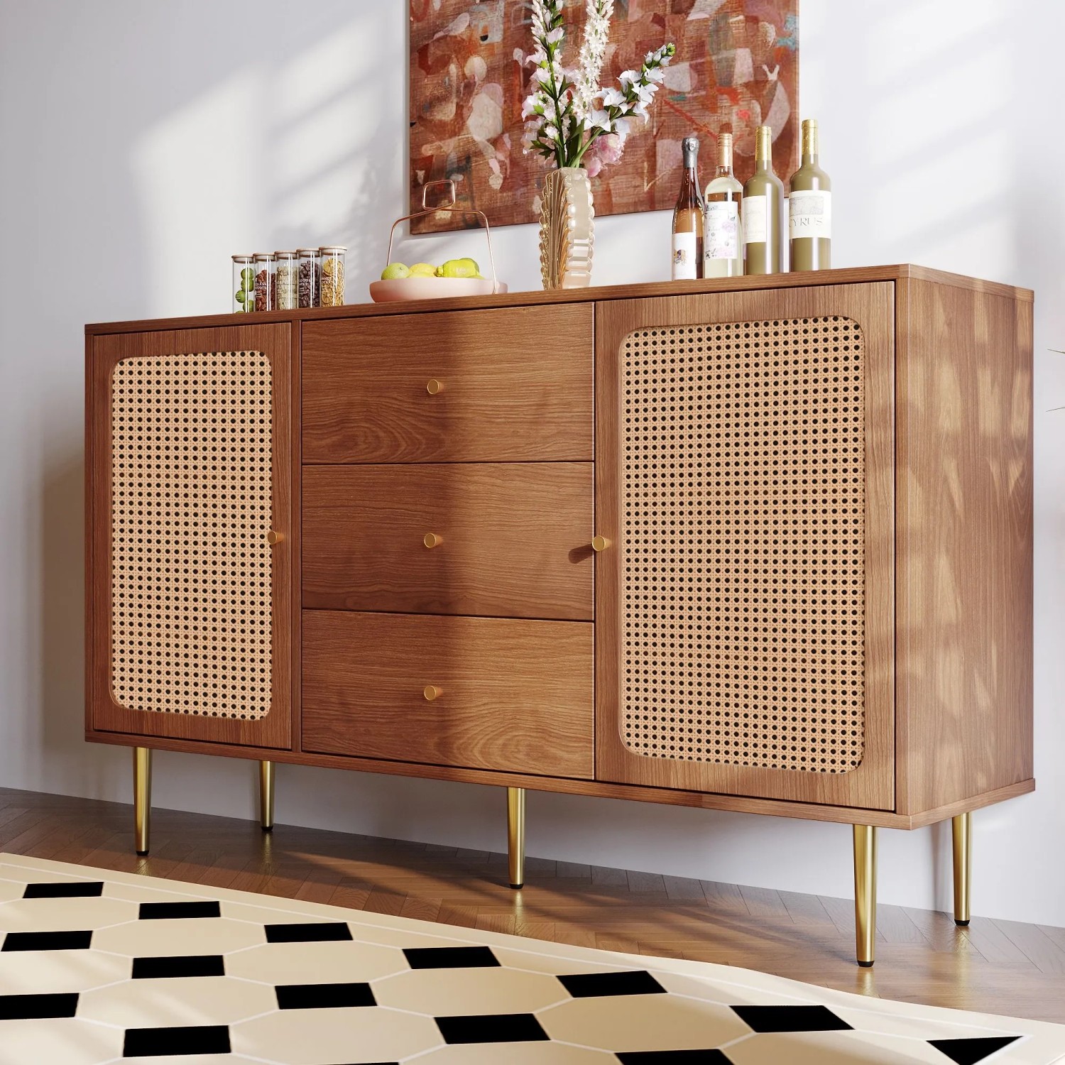 Merax Rattan Kommode Nussbaum mit 3 Schubladen, Türen mit Rattan-Geflecht und goldfarbenen Griffen. Vintage Wohnzimmerschrank.