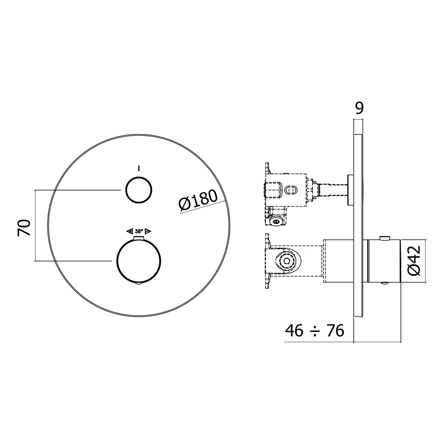 Technische Zeichnung: pianura Thermostat Unterputz für 1 Verbraucher, Stella Smart Push, Chrom, Duscharmatur.