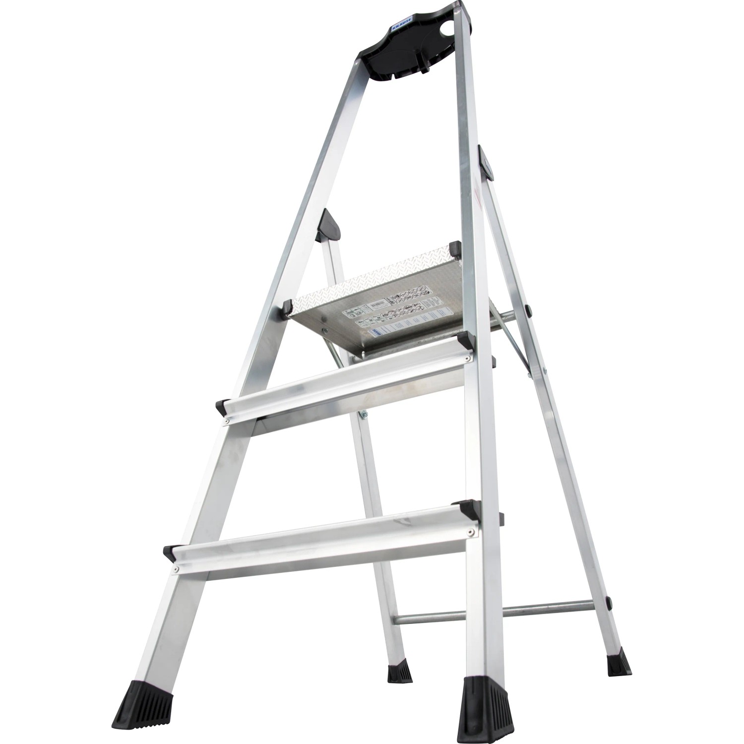 Krause Stehleiter Safety Plusline mit 3 Stufen, extra hoher Sicherheitsbügel und Alu-Sicherheitsplattform.