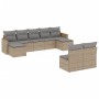 Beige 9-teilige Garten-Sofagarnitur aus Polyrattan mit hellgrauen Kissen. Gartenmöbel für Terrasse und Garten.