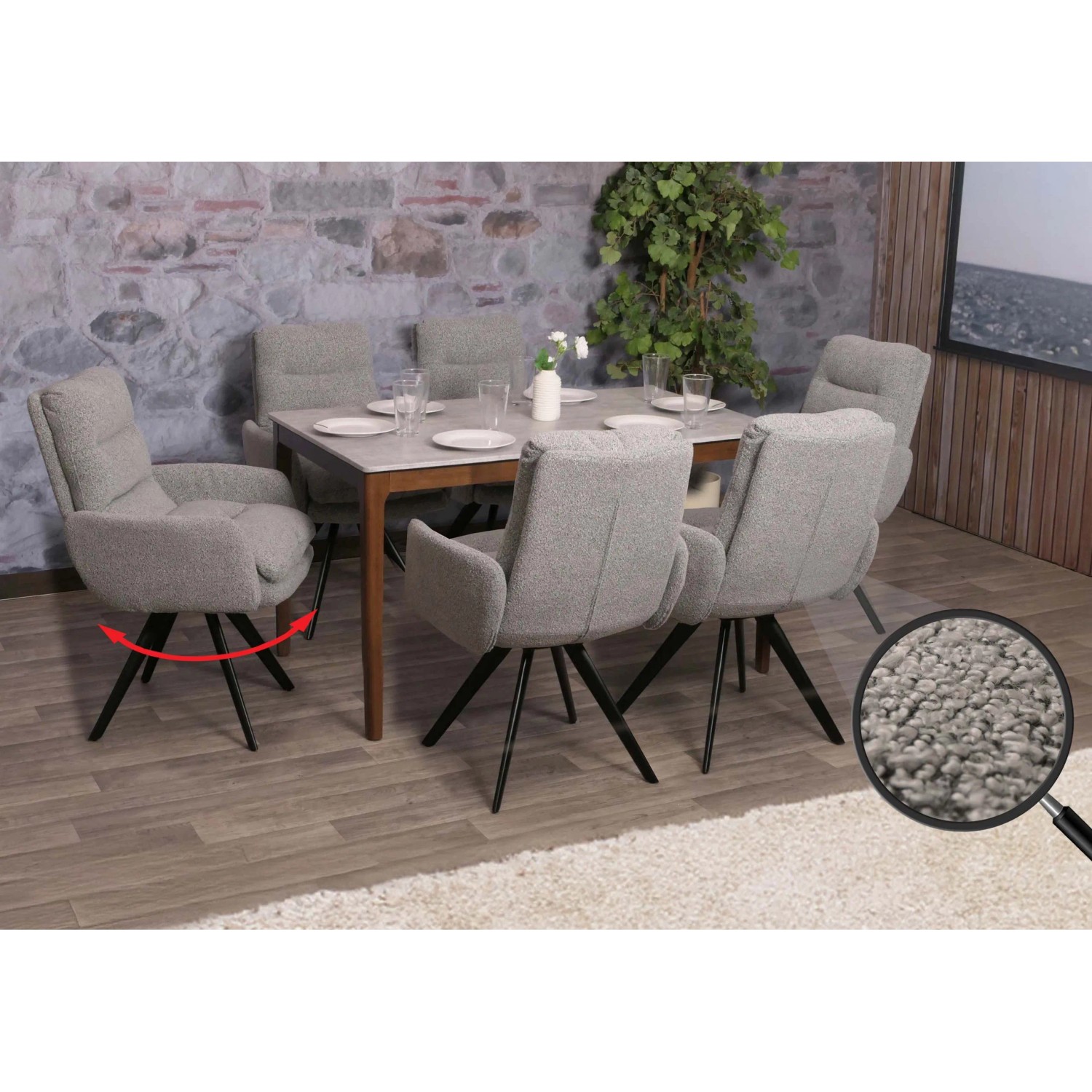 6er-Set: Hellgraue MCW Esszimmerstühle G66 Boucle mit Armlehne am Esstisch.