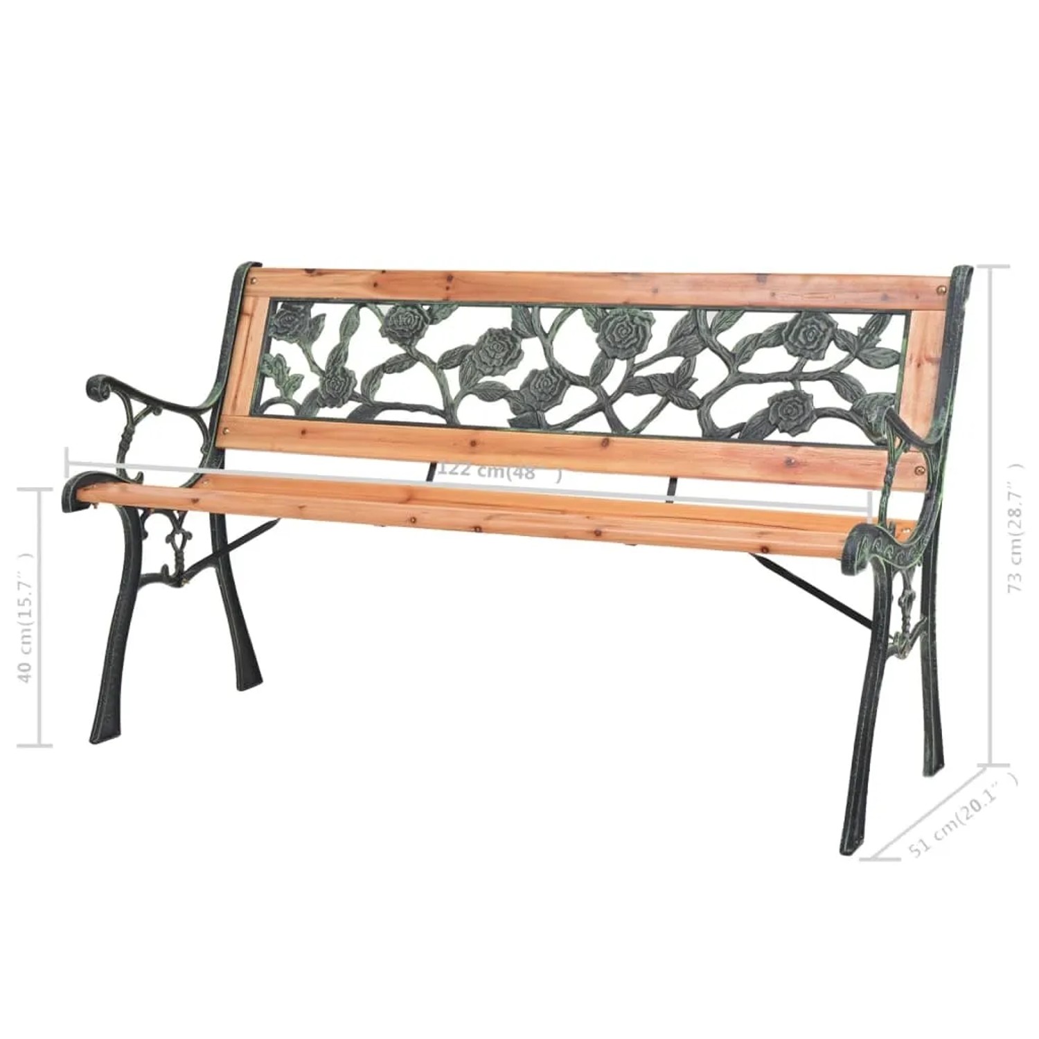 VidaXL Gartenbank aus Holz, 122 cm breit, mit dekorativer Rückenlehne und Rahmen aus Schmiedeeisen.