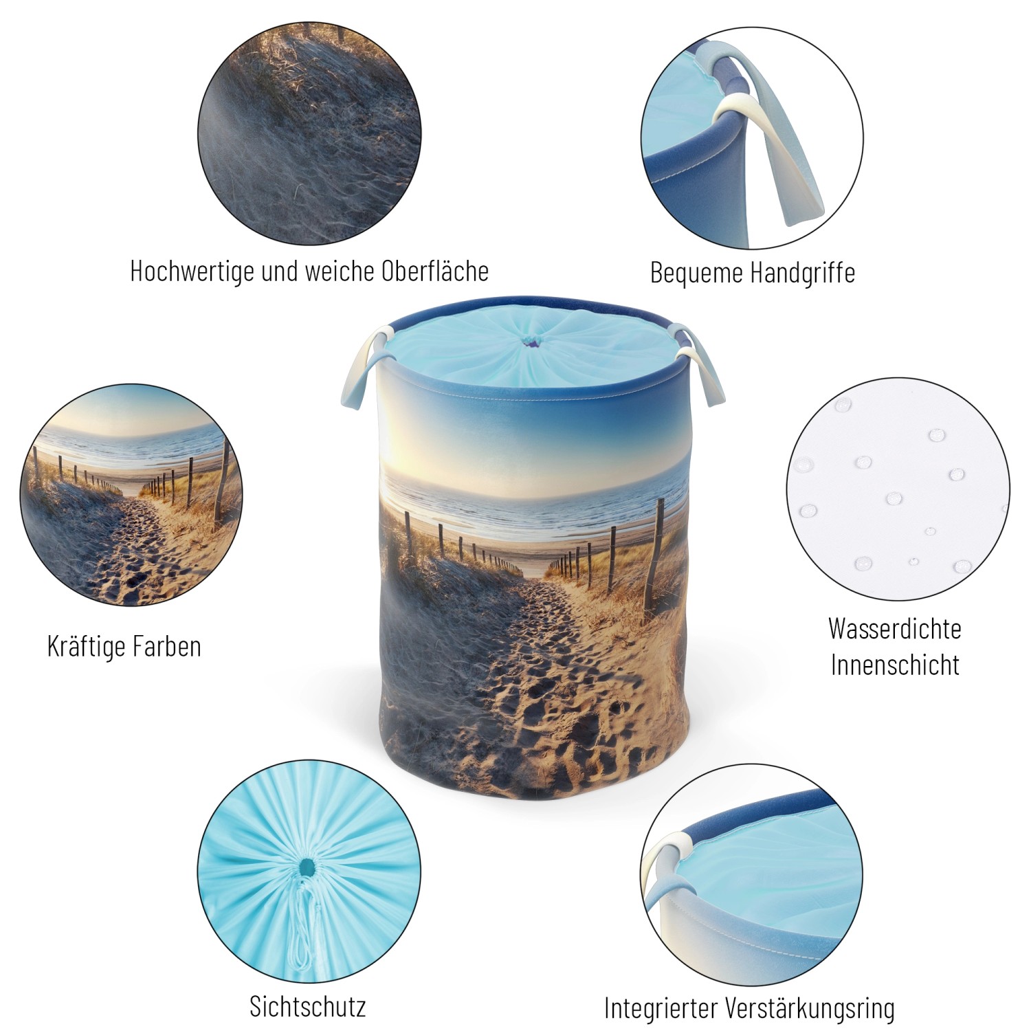 SANILO Wäschekorb Düne mit Strandmotiv, faltbar und mit Tragegriffen.