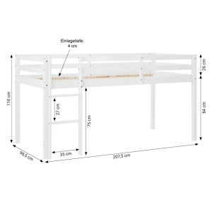 Weißes Kinder Hochbett 90x200 aus Holz mit Leiter, Absturzsicherung und Abmessungen.