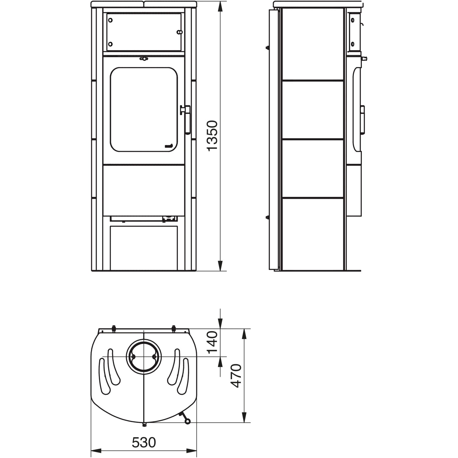 Technische Zeichnung Hark Küchenofen Keramik 7 kW mit Maßen für Installation.