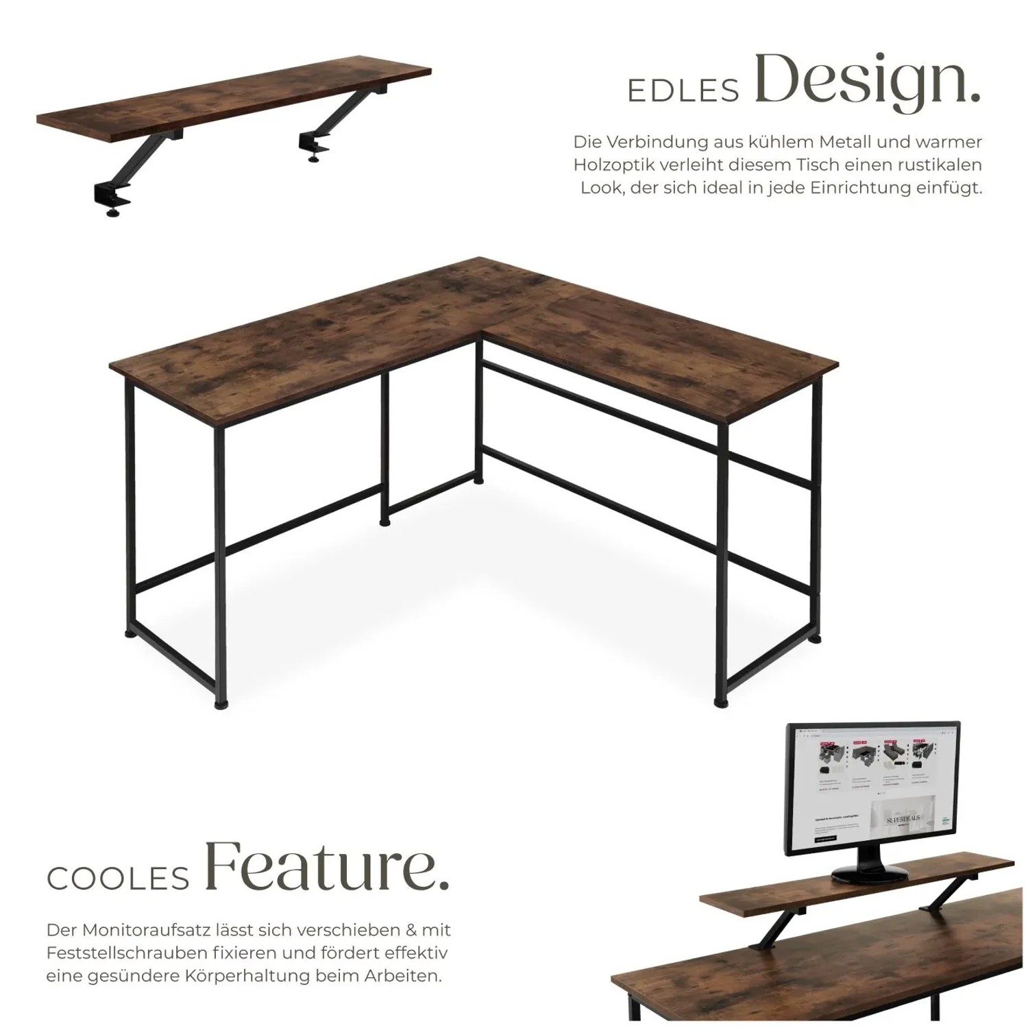 Tectake Eckschreibtisch Melrose im Industrial Style mit Holz- und Stahl-Elementen.