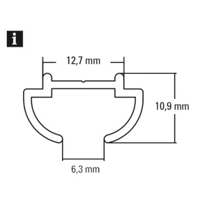 Querschnitt des weißen Gardinia Zierstabprofils aus Aluminium mit Maßangaben.