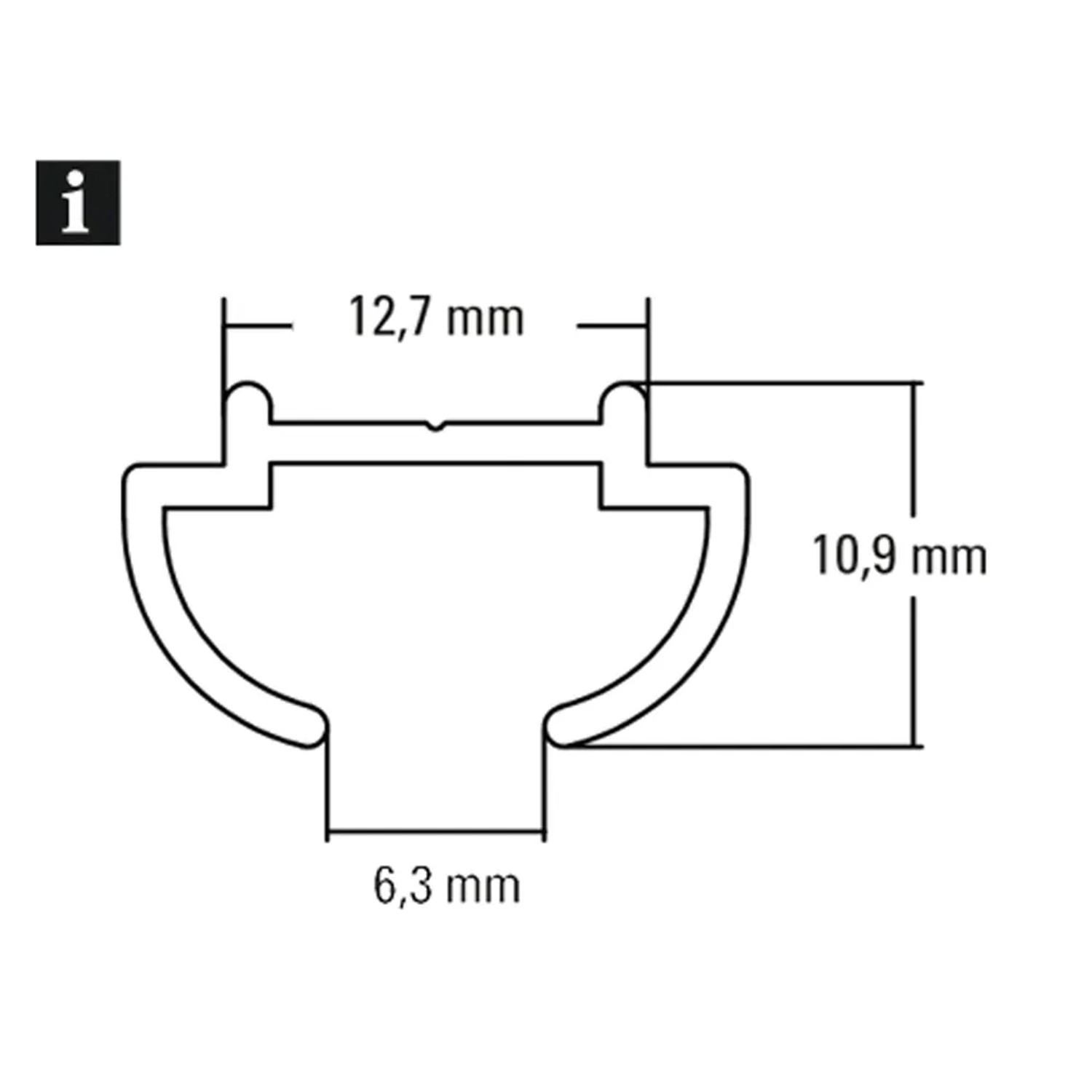 Querschnitt des weißen Gardinia Zierstabprofils aus Aluminium mit Maßangaben.
