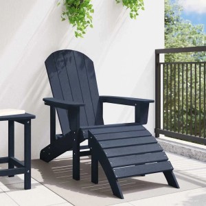 Marineblauer vidaXL Adirondack-Stuhl aus HDPE mit passender Fußstütze auf einer Terrasse. Klassisches Design für Garten & Outdoor.