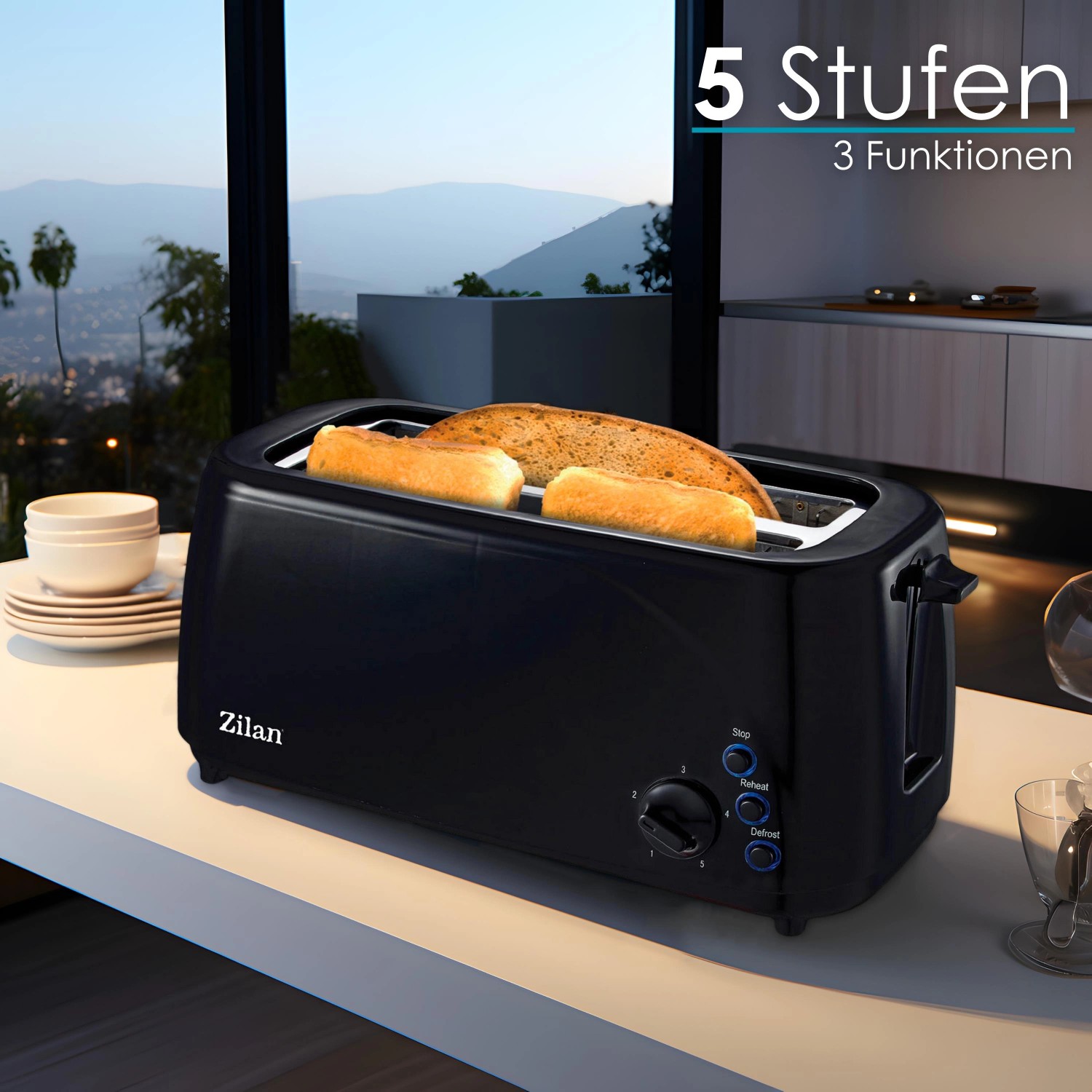 Schwarzer Zilan Langschlitztoaster XXL mit Brötchenaufsatz und Toastscheiben.