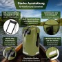 Olivgrüner SCANDIC NATURE 35L Roll-Top Rucksack im Boot. Wasserdicht, mit Reflektoren, Handyhülle für Outdoor, Wandern, Reisen.