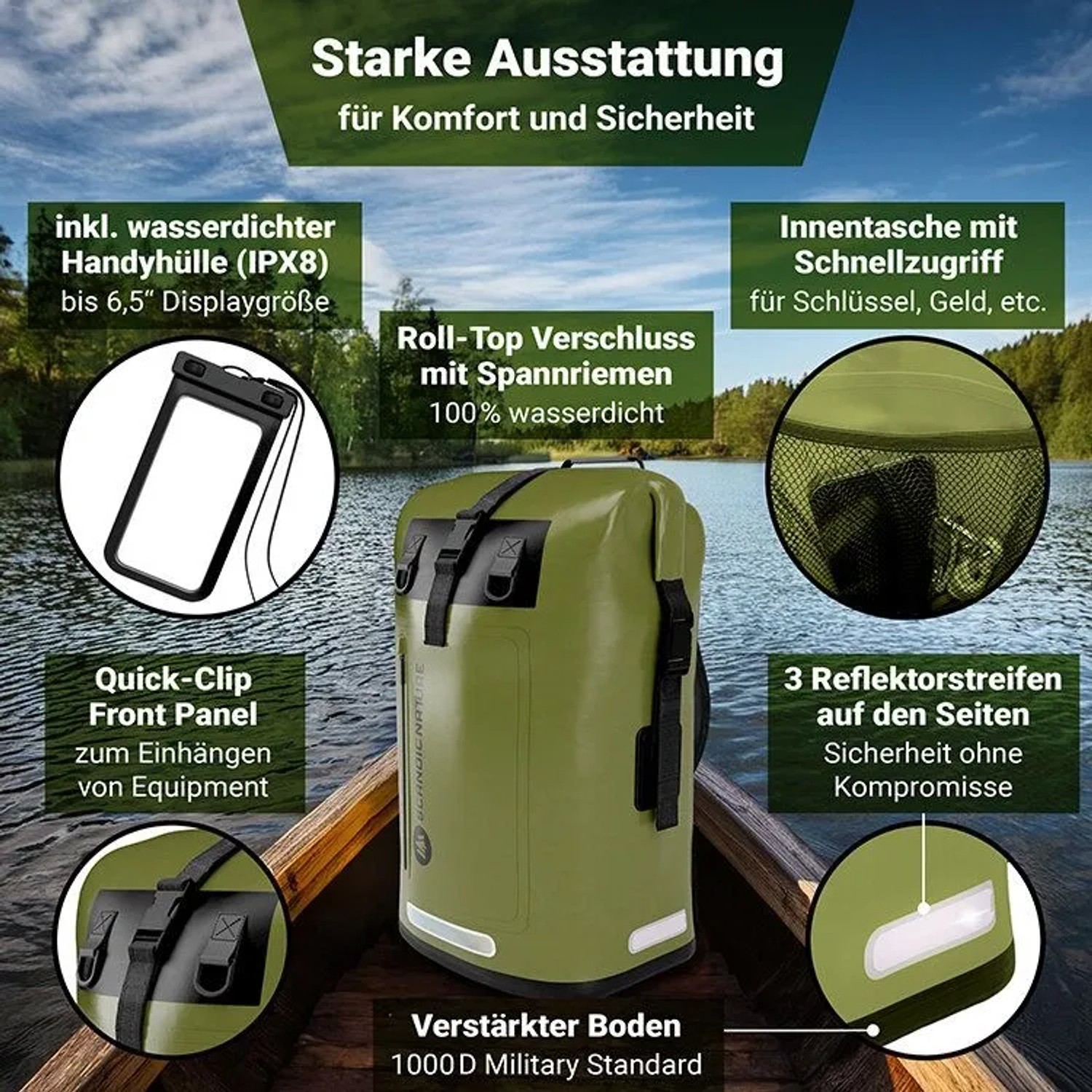 Olivgrüner SCANDIC NATURE 35L Roll-Top Rucksack im Boot. Wasserdicht, mit Reflektoren, Handyhülle für Outdoor, Wandern, Reisen.