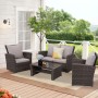 Graues MeXo Polyrattan Balkonmöbel Set für 4 Personen: Sofa, 2 Sessel, Glastisch. Ideal für Garten & Terrasse.