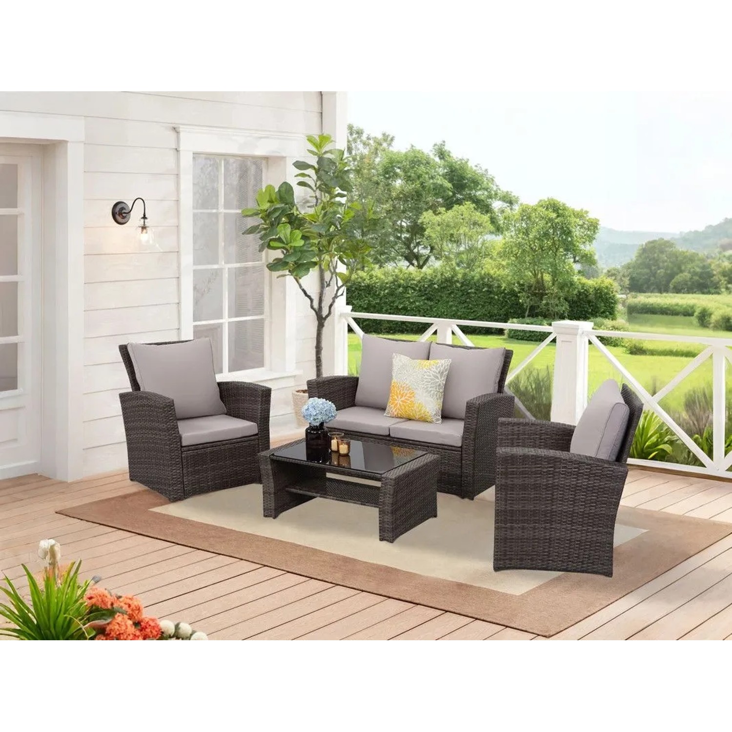 Graues MeXo Polyrattan Balkonmöbel Set für 4 Personen: Sofa, 2 Sessel, Glastisch. Ideal für Garten & Terrasse.