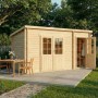 Alpholz Gartenhaus Maria-40 aus Holz, 450x250 cm, mit Doppeltür und Anbau.